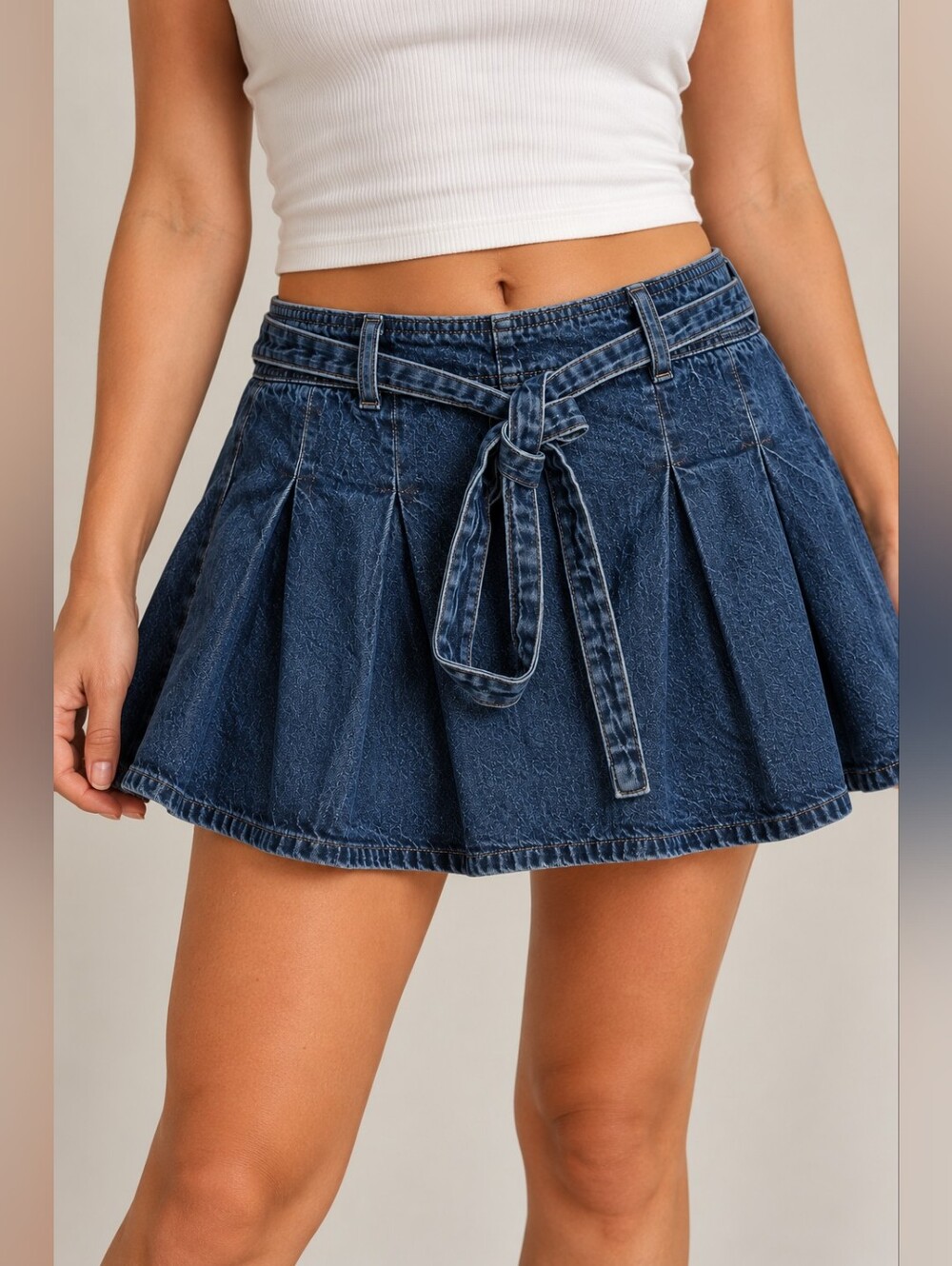 American Eagle Outfitters Dark Wash Pleated Denim Belted Mini Skort Size 14